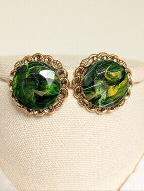 Vintage Signed West Germany Clip On Earrings Green Gold Foil Art Glass Scalloped